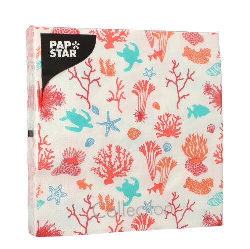 PAPSTAR 20 napkins, 33 x 33 cm, 3-ply, with colorful marine design (red corals, blue sea turtles, starfish & shells) - ideal for maritime table decoration.