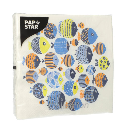 PAPSTAR GmbH 20 Servietten, 33x33 cm, 3-lagig, Design Set 3: bedruckt mit bunten Fischen im Kreis auf weißem Hintergrund.