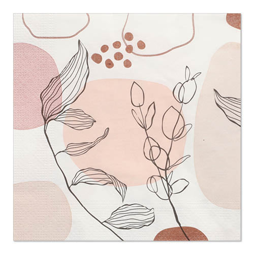 Die PAPSTAR 20 Servietten, 33 x 33 cm, 3-lagig, Set 5 der PAPSTAR GmbH zeigen abstrakte Formen in Rosa und Beige mit schwarzen Blattmotiven, die in einer praktischen 20er-Packung angeboten werden.