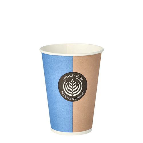 Die Starpak 100 Trinkbecher sind Einweg-Pappbecher mit 0,18 l Fassungsvermögen und einem blau-braunen vertikal geteilten Design. Auf der Vorderseite befindet sich ein schwarzes, rundes „Specialty To Go fresh hot & delicious“-Logo. Die Packung enthält 100 To-Go-Becher mit einem Durchmesser von 7,01 cm und einer Höhe von 9,2 cm.