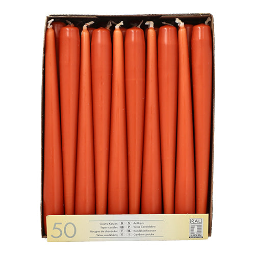 Eine Schachtel mit Starpak 50 Leuchterkerzen (Ø 2,2 cm - 25 cm), die aufrecht in einer Lage angeordnet sind, mit einem Etikett auf der Vorderseite, auf dem "50 Stück" steht und auf die lange Brenndauer für den längeren Gebrauch hingewiesen wird.