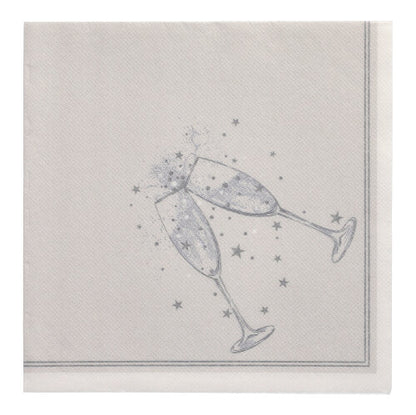 The PAPSTAR 20 Napkins "ROYAL Collection" (40x40 cm, 1/4-fold) by PAPSTAR GmbH is a white napkin with a gray border, decorated with two clinking champagne glasses and star motifs. Made from soft, elegant premium tissue.