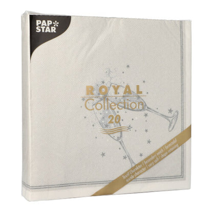 The PAPSTAR GmbH 20 napkins "ROYAL Collection" (1/4-fold, 40x40cm) come in a square white package with a minimalist champagne glass design - perfect for a stylish table decoration.