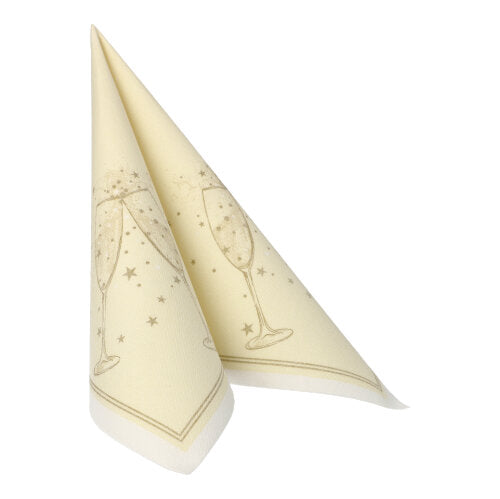 Die PAPSTAR 20 Servietten "ROYAL Collection" (40 x 40 cm, 1/4-fach gefaltet) der PAPSTAR GmbH sind cremefarben, mit Champagnergläsern und Sternen bedruckt und bestehen aus Premium-Tissue für eine elegante Note.