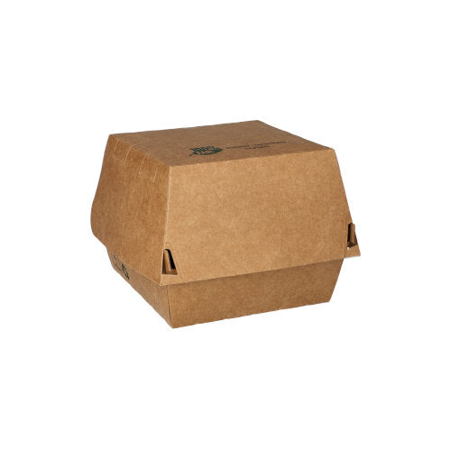 Die PAPSTAR GmbH bietet mit den 80 Burgerboxen aus brauner Pappe „100 % Fair“ eine nachhaltige Verpackungslösung, ideal für umweltfreundliche Gastronomiebetriebe, präsentiert vor schlichtem weißen Hintergrund.