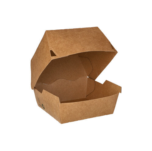 Die PAPSTAR 80 Burgerboxen aus brauner Pappe „100% Fair“ von PAPSTAR GmbH sind geöffnet und leer vor weißem Hintergrund – ideal als umweltfreundliche Take-away-Verpackung für nachhaltige Gastronomiebetriebe.