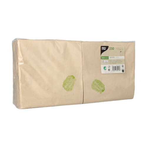 Eine Packung 250 Servietten, 2-lagig, 33 x 33 cm, 1/8-Falz, braun, aus Recyclingpapier der PAPSTAR GmbH wird in durchsichtigem Kunststoff mit einem Etikett oben rechts geliefert, auf dem Produktinformationen, Menge (250), Recyclingsymbol, Öko-Symbole und „2-lagig“ für Festigkeit zu sehen sind.
