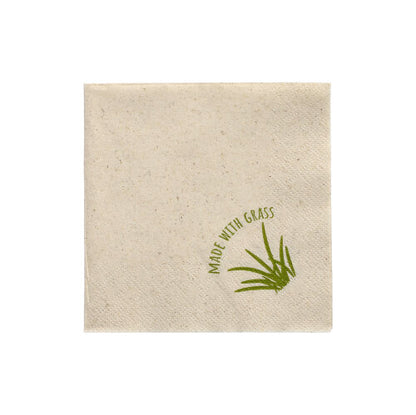 The 250 napkins from PAPSTAR GmbH are beige, 2-ply square napkins (24 x 24 cm) with visible fibers, a green grass graphic, and the print "MADE WITH GRASS" in one corner.