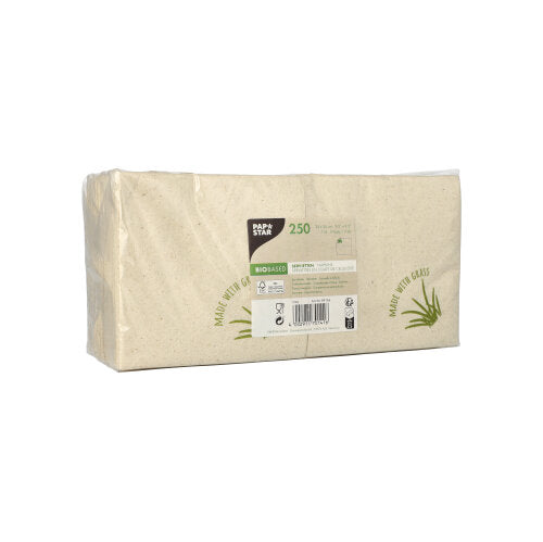A sealed rectangular pack of 250 beige napkins from PAPSTAR GmbH, 2-ply, 24 x 24 cm, with a white label and green accents displaying product details, symbols, grass graphics, and the brand name "PAPSTAR".