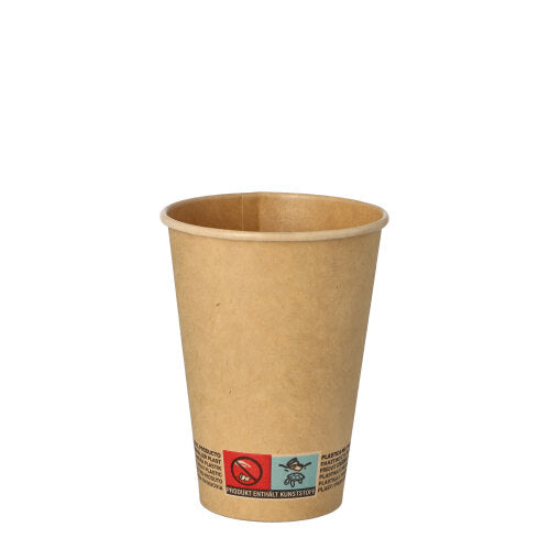 Auf weißem Hintergrund ist ein 50 Trinkbecher (Pappe, 0,18l, Ø7cm, 9,2cm braun) der PAPSTAR GmbH mit einem rot-blauen Warnhinweis am unteren Rand abgebildet.