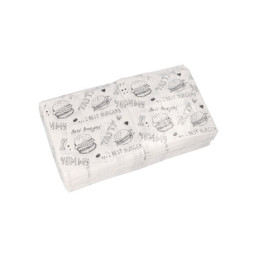 Ein Stapel gefalteter weißer Servietten mit schwarzen Motiven und Sprüchen zum Thema Essen, die Burger, Pommes und Herzen zeigen – perfekt in Kombination mit den PAPSTAR 1000 Hamburger-Tüten 13 cm x 13 cm weiss von der PAPSTAR GmbH für eine hygienische Verpackung.