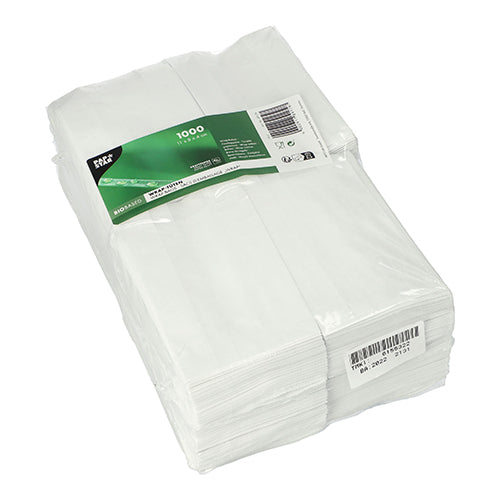 Ein Stapel von 1.000 PAPSTAR 1000 Wrap-Tüten (11x8x4 cm) von PAPSTAR GmbH, weiße Papierservietten aus durchsichtigem Kunststoff mit grünem Etikett und sichtbaren Barcodes; Merkmale: robuste Konstruktion und umweltfreundliche Verpackung.