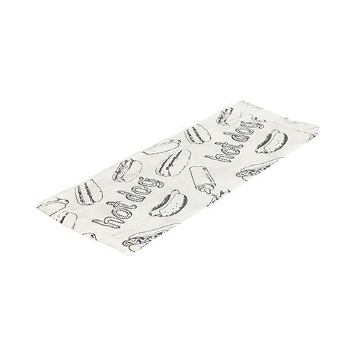 Pictured is a flat, white PAPSTAR hot dog bag paper packaging (21x8.5 cm) with black hot dog line drawing and "Hot Dog" text from the 1000-piece shrink pack of PAPSTAR GmbH on a white background.