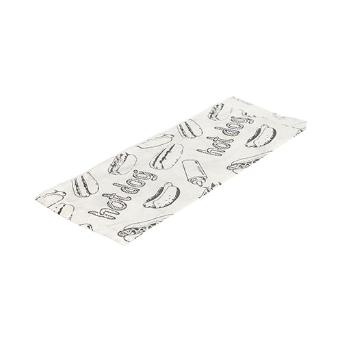 Die Hot Dog-Tüten der PAPSTAR GmbH sind weiße rechteckige Papiertüten (21 x 8,5 cm) mit schwarzen Illustrationen und Aufdruck „Hot Dog“, hygienisch verpackt im 1000er-Set zur Aufnahme von Hot Dogs.