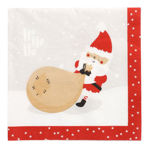 Diese 3-lagigen PAPSTAR-Servietten (40 x 40 cm, 1/4-Falz) der PAPSTAR GmbH zeigen den Weihnachtsmann im roten Kostüm, der einen Sack durch den Schnee zieht, im Hintergrund „Ho Ho Ho“ und einen roten Sternenrand. Packung enthält 20 Servietten.