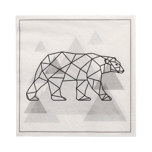 The PAPSTAR 20 napkins from PAPSTAR GmbH are 3-ply napkins (33 x 33 cm, 1/4-fold) with a geometric black polar bear and gray triangle motif on white, accented by a thin black border.