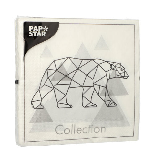 Die 20 Servietten der PAPSTAR GmbH, 33x33 cm, 3-lagig, zeigen ein geometrisches Eisbär-Motiv mit "Collection", PAP STAR Logo oben links und dezenten Dreiecken im Hintergrund.