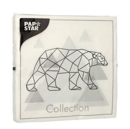 The 20 napkins of PAPSTAR GmbH, 33x33 cm, 3-ply, feature a geometric polar bear motif with "Collection", PAP STAR logo at the top left and subtle triangles in the background.