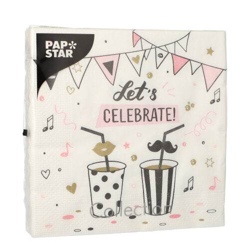 Eine Packung mit 20 3-lagigen Servietten der PAPSTAR GmbH, 33x33 cm, Design Set 3, mit Getränke-, Schnurrbart-, Wimpel-, Noten- und Herzdekor. In der Mitte steht "Let's Celebrate!", links oben ist das PAPSTAR-Logo zu sehen.