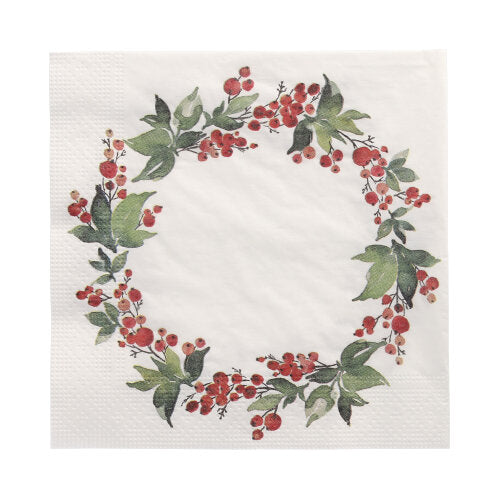 Das Set 20 Servietten der PAPSTAR GmbH besteht aus 33x33 cm großen, 3-lagigen weißen Servietten mit einem kreisförmigen Kranz aus grünen Blättern und roten Beeren in der Mitte.
