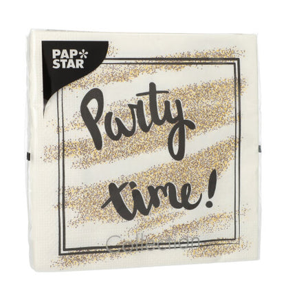 These 3-ply white PAPSTAR GmbH napkins (33x33 cm, 1/4 folded) are adorned with golden glitter stripes and the phrase "Party time!" in black lettering with a black "PAP STAR" label at the top left - ideal for celebrations. Set of 20 pieces.