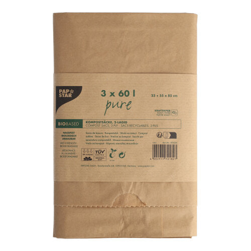 Ein 3er-Pack PAPSTAR Kompostsäcke aus Papier „pure“ (60 l, 85x55x23 cm, braun, 2-lagig) der PAPSTAR GmbH, mit Öko-Label und grün/schwarzem Bioabfall-Hinweis auf der Banderole.