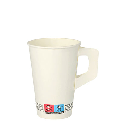 The Starpak 80 drinking cup, paper with handle, white by Starpak is a white disposable paper cup with a flat handle and markings on the bottom - perfect for parties and practical as a single-use drinking cup.