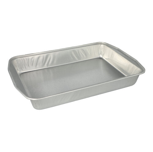 Ein Set mit 5 rechteckigen Starpak-Aluminium-Backformen (3,15 l, 5 x 25 x 36,6 cm, Silber) mit glatter Innenseite und abgerundeten Kanten, in Schrumpffolie verpackt, auf einem schlichten weißen Hintergrund präsentiert.
