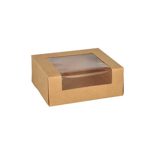 Die PAPSTAR 25 Sushi-Schalen, Pappe eckig braun der PAPSTAR GmbH sind braune Kartons mit transparentem Kunststofffenster, ideal für Sushi. Die umweltfreundliche Verpackung ist auf schlichtem weißem Hintergrund abgebildet.