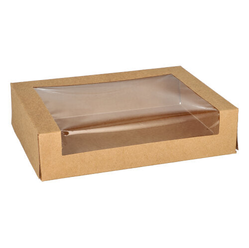 Die PAPSTAR 25 Sushi-Schalen, Pappe eckig braun von PAPSTAR GmbH sind umweltfreundliche rechteckige Boxen mit transparentem Fenster im Deckel, ideal als Alternative zu klassischen Sushi-Schalen.