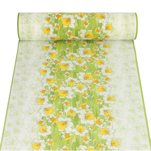 Der PAPSTAR Tischläufer, stoffähnlich Airlaid (24 m x 40 cm) der PAPSTAR GmbH mit grünem Fond und gelb-weißen Blumen verleiht festlichen Anlässen frischen Flair. Das dichte Blumenmuster läuft zu den Rändern hin sanft aus.