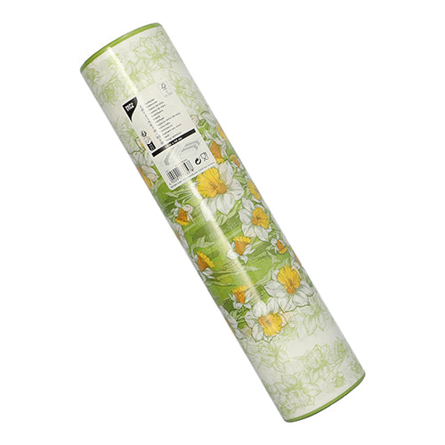 Der PAPSTAR Tischläufer, stoffähnlich (Airlaid 24 m x 40 cm) der PAPSTAR GmbH, mit grünem Rand und weißem Untergrund mit gelb-weißen Blumen, ist ideal für festliche Anlässe und wird schräg mit dem Etikett nach oben abgebildet.