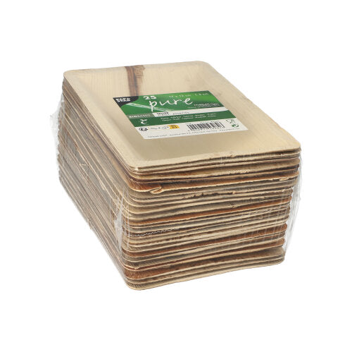 Ein 25er-Pack PAPSTAR „pure“ eckige Einwegteller aus natürlichem Palmblatt, biologisch abbaubar, von PAPSTAR GmbH, in Folie mit grünem Etikett verpackt.