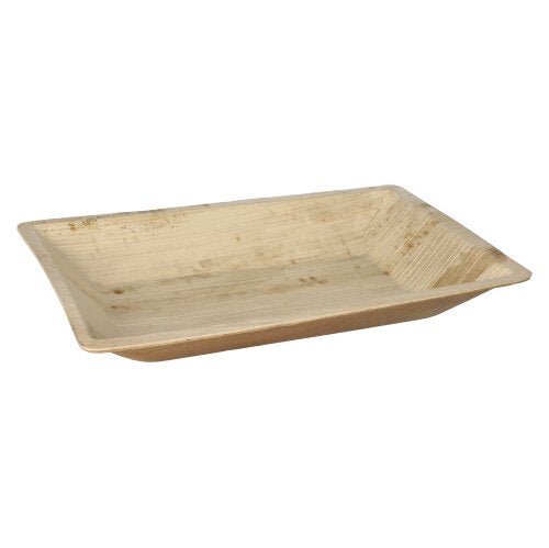 The PAPSTAR 25 palm leaf plates "pure" square natural from PAPSTAR GmbH is a rectangular, flat disposable plate made of natural palm leaf, biodegradable and environmentally friendly with visible grain.