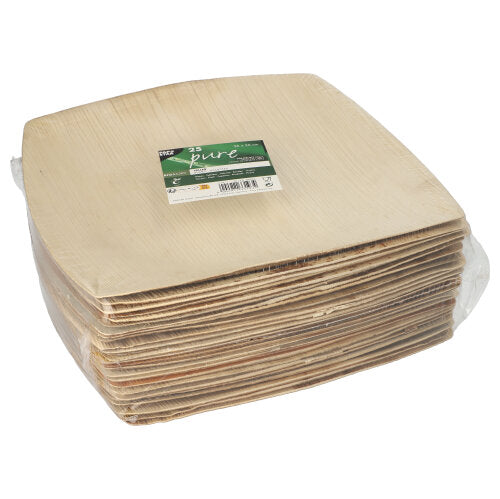 Ein 25er Pack PAPSTAR Palmblatt „pure“ natur QUADRATO Teller der PAPSTAR GmbH – quadratisches, umweltfreundliches Einweggeschirr in Klarsichtfolie mit grün-weißem Etikett, ideal als umweltfreundliches Einweggeschirr für jede Veranstaltung.