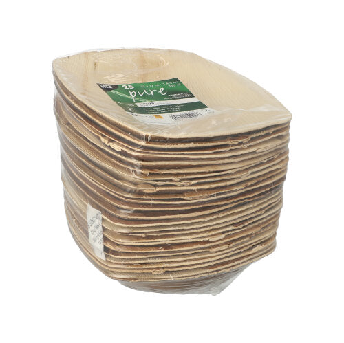 Ein 25er-Pack PAPSTAR „pure“ QUADRATO Naturpalmblattschalen der PAPSTAR GmbH, aus biologisch abbaubarem Material, oval geformt, hellbraun und in transparenter Folie mit grünem Etikett verpackt.