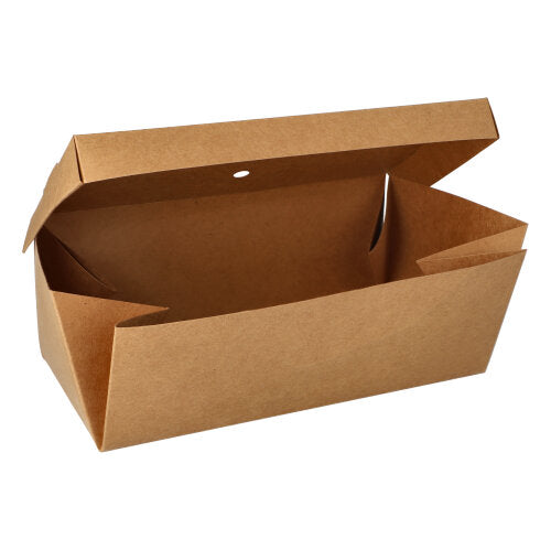 Eine schlichte braune PAPSTAR 20 Burgerboxen, Pappe „pure“ der PAPSTAR GmbH zeigt bei geöffnetem Deckel den leeren Inhalt – eine umweltfreundliche Take-away-Box für Ihre Mahlzeiten.