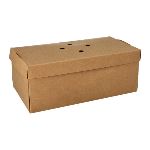 Die Burgerboxen „pure“ der PAPSTAR GmbH aus umweltfreundlichem Karton sind rechteckig und verfügen über einen Deckel mit drei kleinen runden Löchern an der Oberseite. Sie werden im 20er-Pack verkauft und sind auf weißem Hintergrund abgebildet.