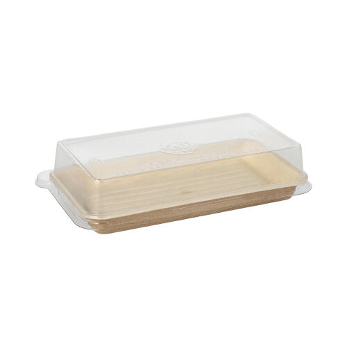 Das Starpak 10 Sushi-Schalen Palmblatt eckig mit rPET Deckel „Kombipack“ verfügt über eine rechteckige beige Palmblatt-Basis und einen durchsichtigen rPET-Deckel, dargestellt auf einem weißen Hintergrund.