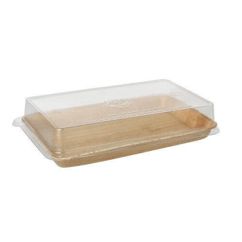 Das Starpak 10 Sushi-Schalen Palmblatt eckig mit rPET-Deckel „Kombipack“ ist ein rechteckiger, durchsichtiger Lebensmittelbehälter aus Kunststoff mit einem transparenten rPET-Deckel der Marke Starpak, der leer vor einem schlichten weißen Hintergrund abgebildet ist.