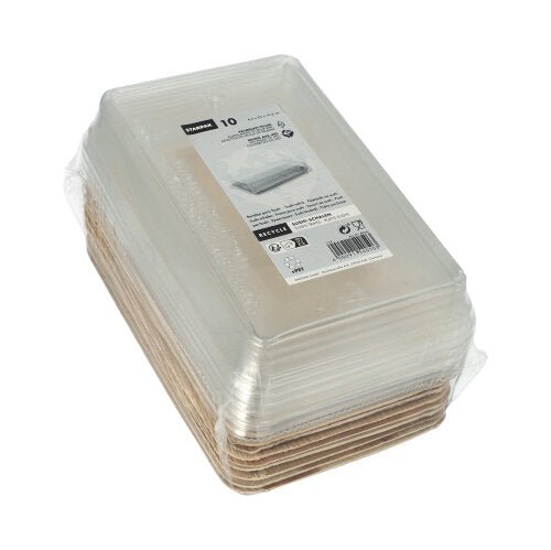 Starpak 10 Sushi Trays Palm Leaf Rectangular with rPET Lid "Combo Pack": Ten rectangular palm leaf containers with brown bases and rPET lids, labeled with product and recycling info - ideal for fresh sushi dishes.