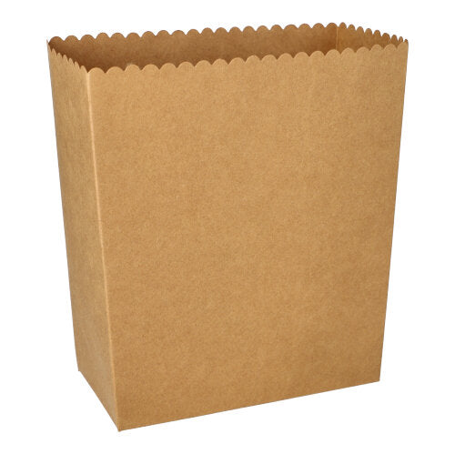 Die PAPSTAR 50 Popcorn-Boxen Pappe "pure" sind große, braune, rechteckige Kartonbehälter (2400 ml, 19,2 x 15,8 x 8 cm) mit gewelltem Rand, entwickelt von der PAPSTAR GmbH für umweltfreundliches Popcorn-Servieren. Packung enthält 50 Stück.