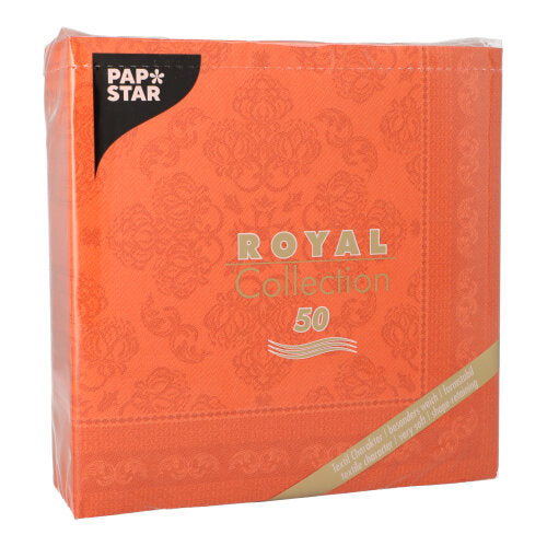Ein Paket von 50 PAPSTAR GmbH Servietten "ROYAL Collection" 1/4-Falz, 40 x 40 cm in nektarine, zeigt ein dezentes Muster mit goldener und weißer Schrift.