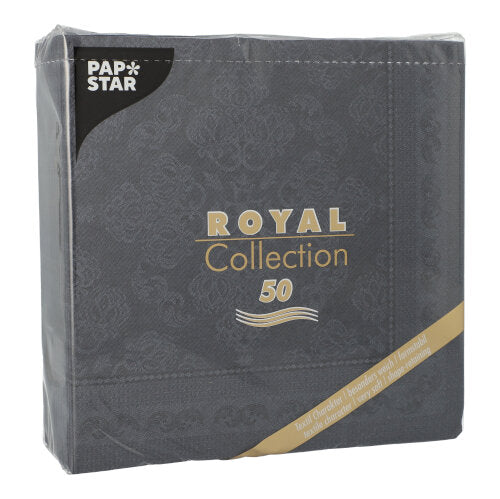 Eine versiegelte Packung mit 50 schwarzen PAPSTAR "ROYAL Collection" Servietten (40 x 40 cm, 1/4-Faltung) der PAPSTAR GmbH, mit eleganter, dezenter Musterung und Markenzeichen in der linken oberen Ecke.