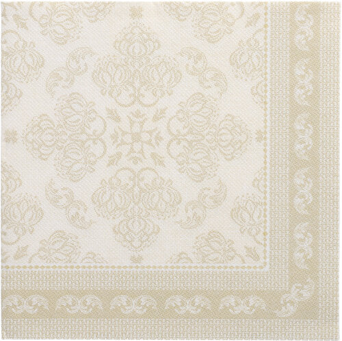 The square napkin 40x40 cm from the ROYAL collection of PAPSTAR GmbH in champagne features an ornate floral pattern with a decorative border, flat on a white background. The pack contains 50 napkins, 1/4 folded.