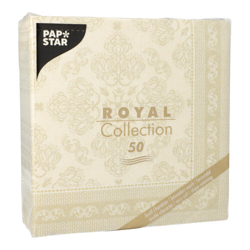 A pack of 50 PAPSTAR GmbH napkins "ROYAL Collection" 1/4 fold, 40 x 40 cm in champagne, with an elegant pattern and golden accents on the packaging.
