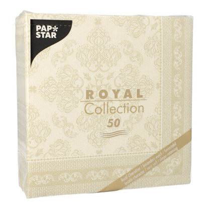 A pack of 50 PAPSTAR GmbH napkins "ROYAL Collection" 1/4 fold, 40 x 40 cm in champagne, with an elegant pattern and golden accents on the packaging.