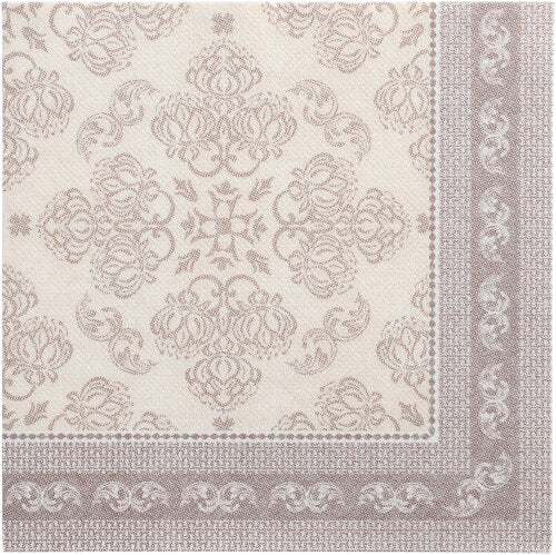 Das 50er-Set PAPSTAR "ROYAL Collection" Servietten (mocca, 40 x 40 cm, 1/4-Faltung) der PAPSTAR GmbH zeigt ein dezentes Blumen- und Wirbelmuster in hellen Brauntönen mit einer Zierbordüre an zwei Kanten.