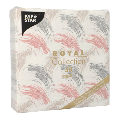 Eine Packung mit 50 PAPSTAR "ROYAL Collection" 1/4-Falz-Servietten (40x40 cm) in Terrakotta, von PAPSTAR GmbH. Verpackung mit goldenen, roten und grauen Pinselstrichen mit goldenem und weißem Text auf der Vorderseite.
