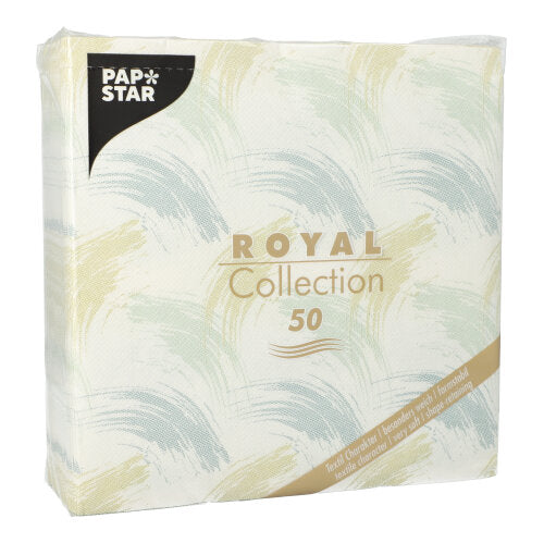Eine Packung mit 50 blauen PAPSTAR "ROYAL Collection" 40x40 cm Luxus-Papierservietten, 1/4-Faltung, von PAPSTAR GmbH.